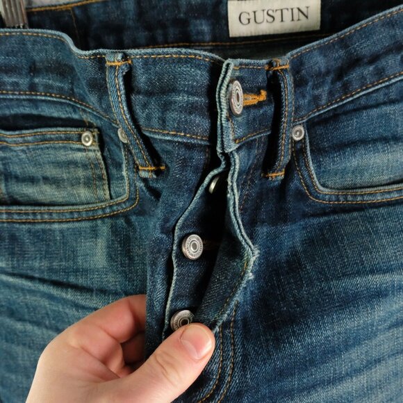 Gustin Jeans Mens 30X34 Blue Raw Selvedge Denim Straight Stone Wash Whiskers - Picture 10 of 13